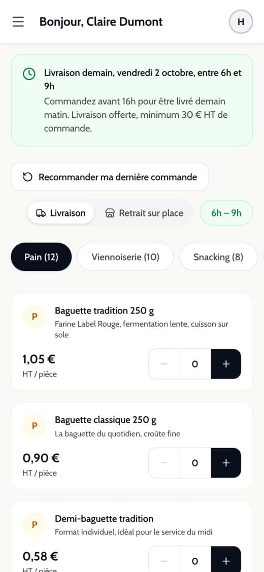 Le catalogue de la boulangerie, prix HT, avec le rappel « commandez avant 16 h »