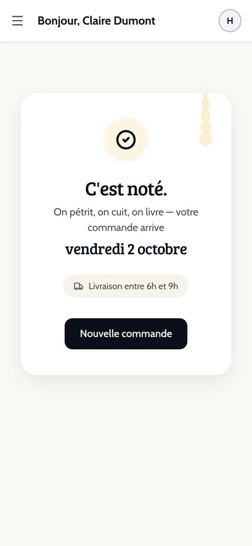 La confirmation de commande avec la date et le créneau de livraison