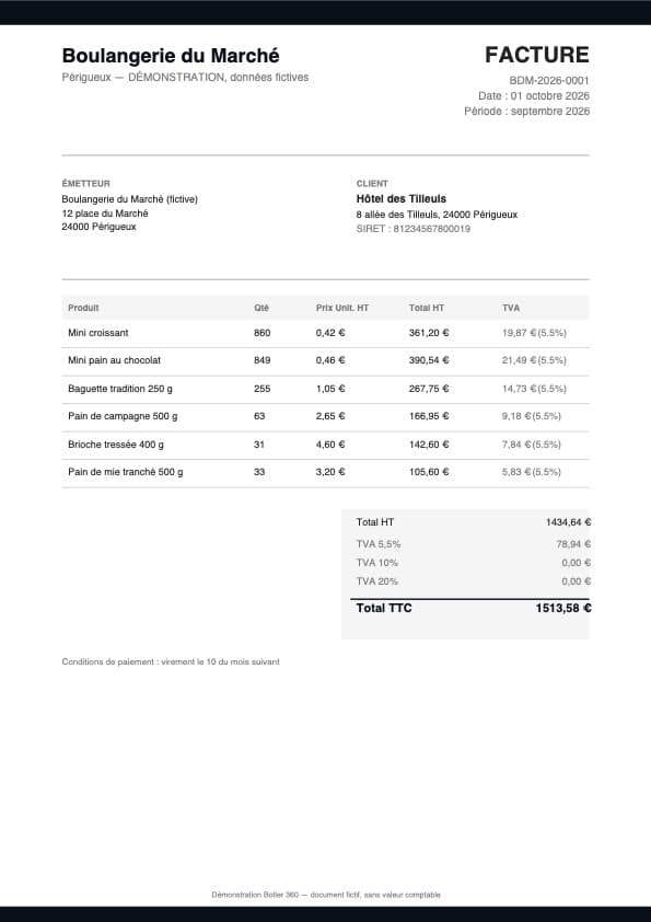 Une facture mensuelle en PDF avec la TVA séparée par taux